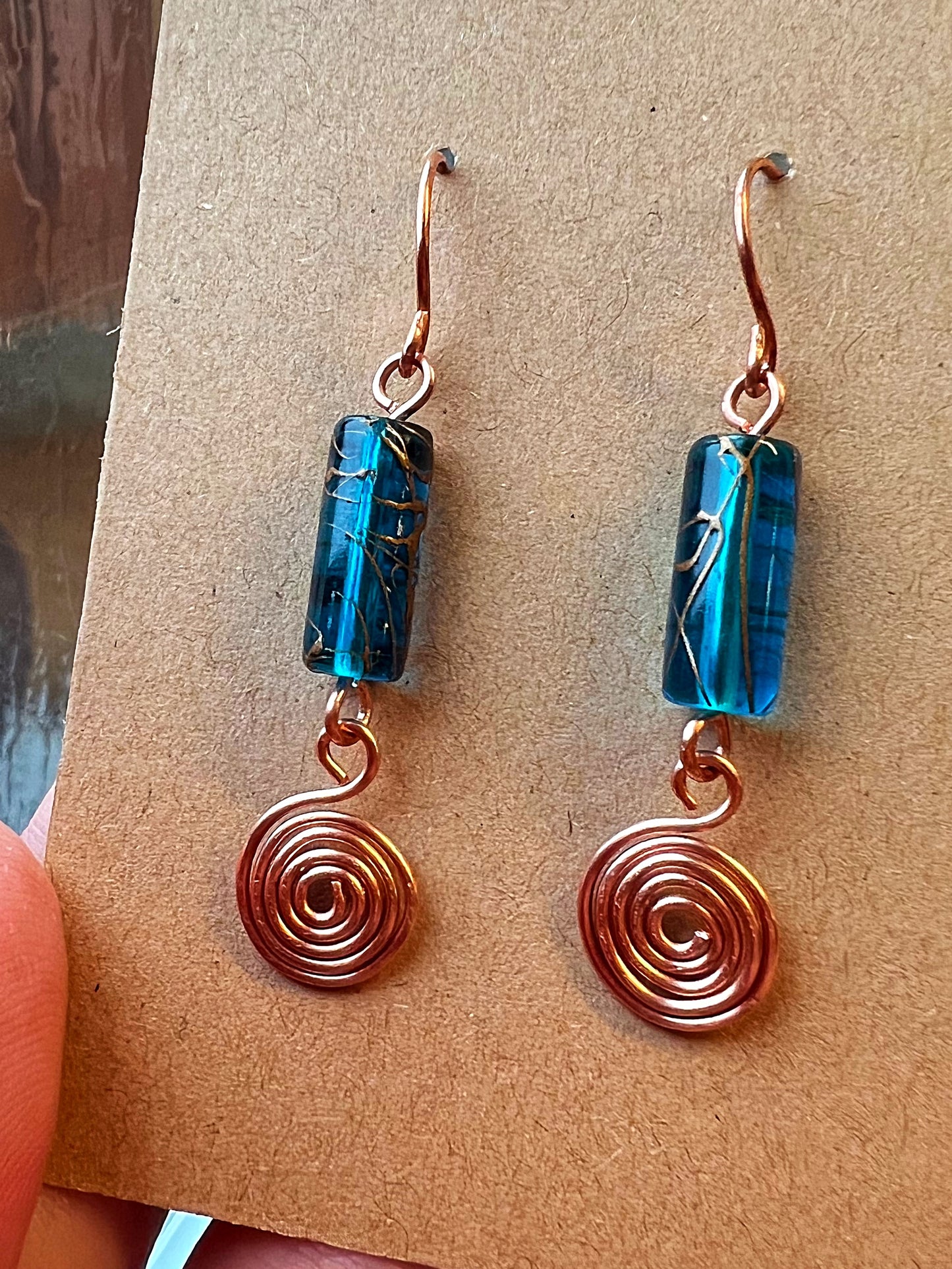 Teal Glass and Copper Earrings