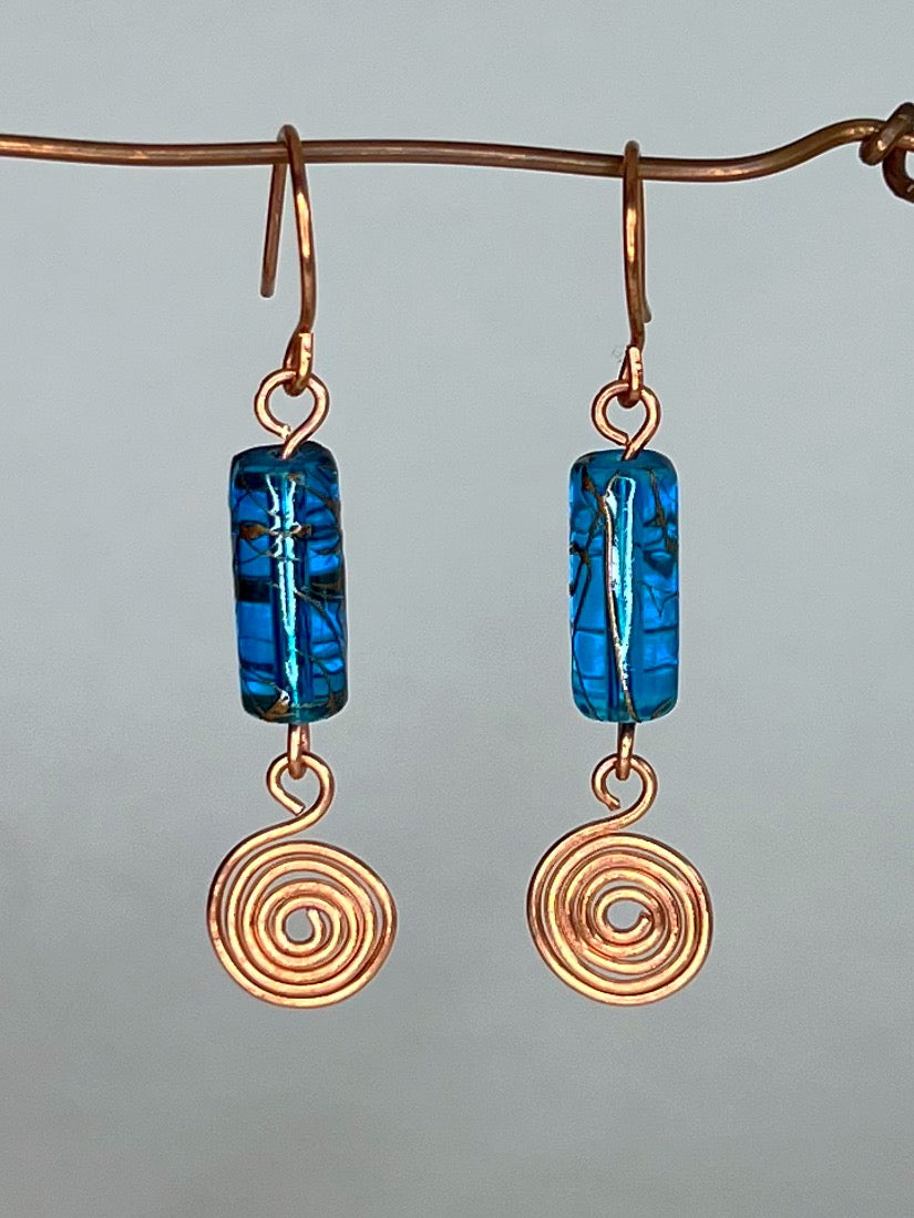 Teal Glass and Copper Earrings