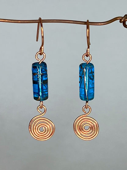 Teal Glass and Copper Earrings