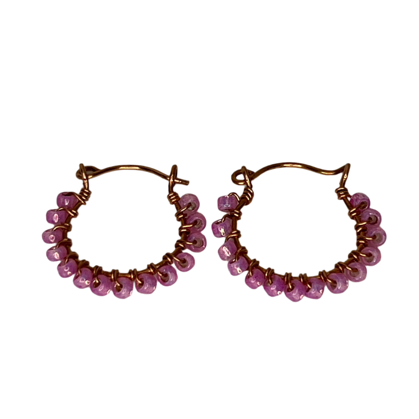 Pink Beaded Copper Hoops