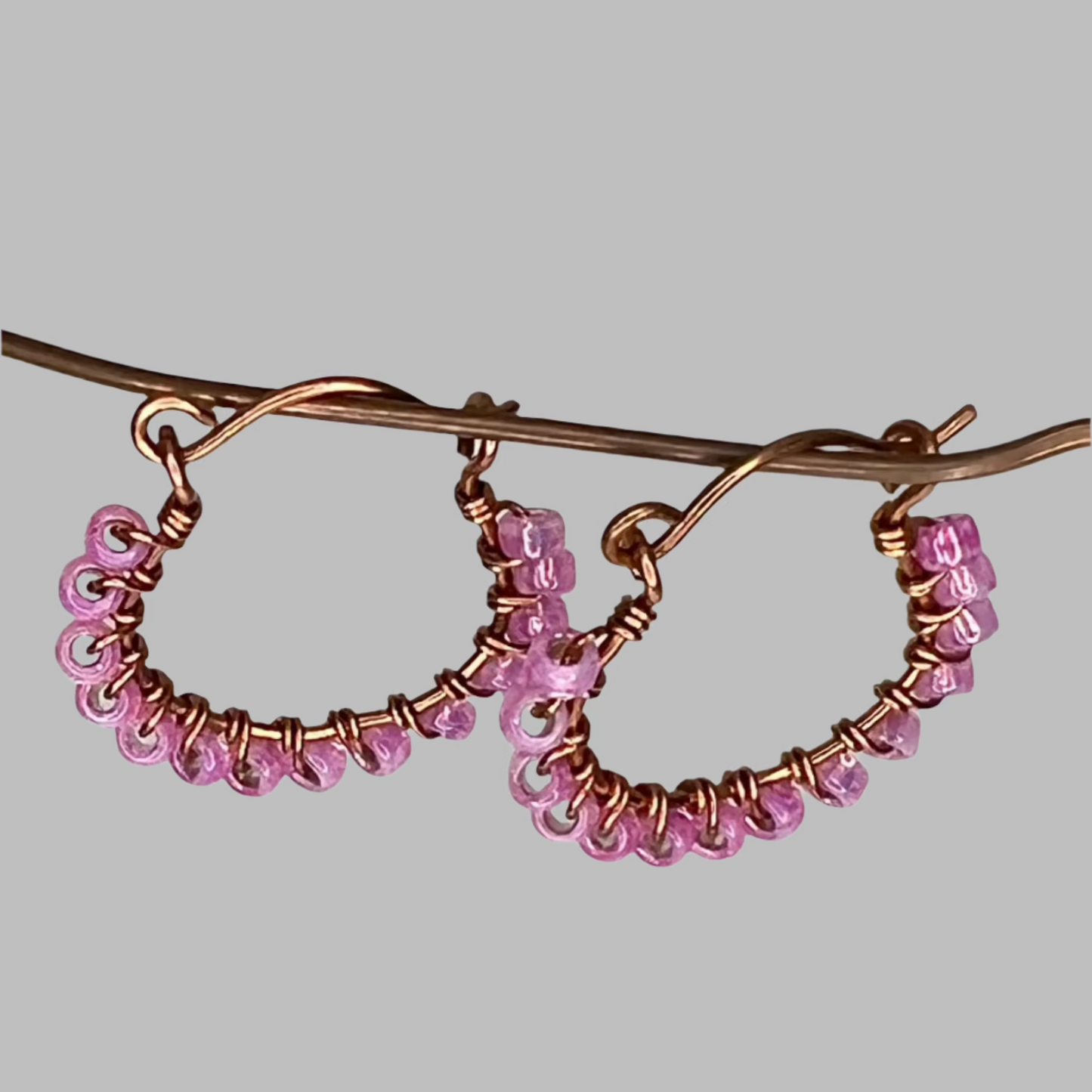 Pink Beaded Copper Hoops