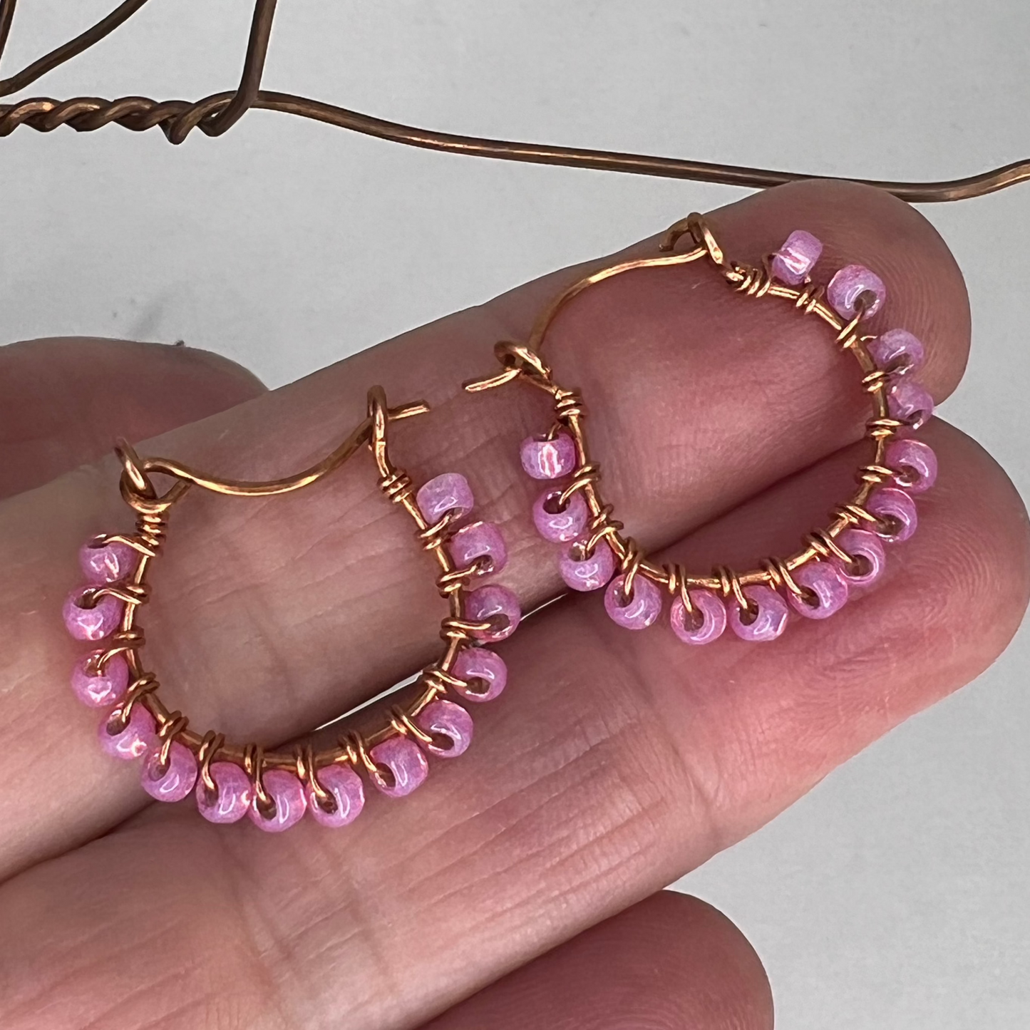 Pink Beaded Copper Hoops