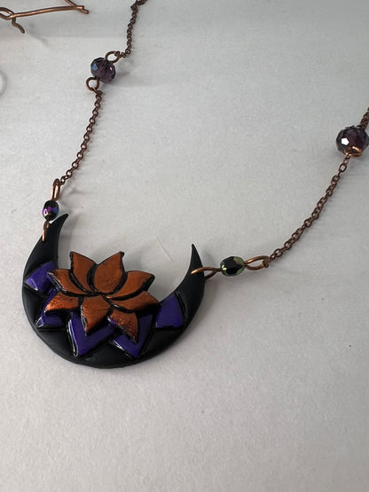 Purple and Copper Lotus Flower Necklace Set