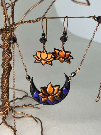 Purple and Copper Lotus Flower Necklace Set