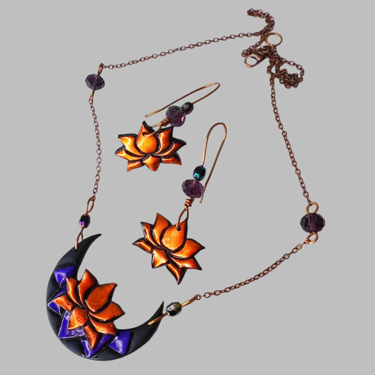 Purple and Copper Lotus Flower Necklace Set